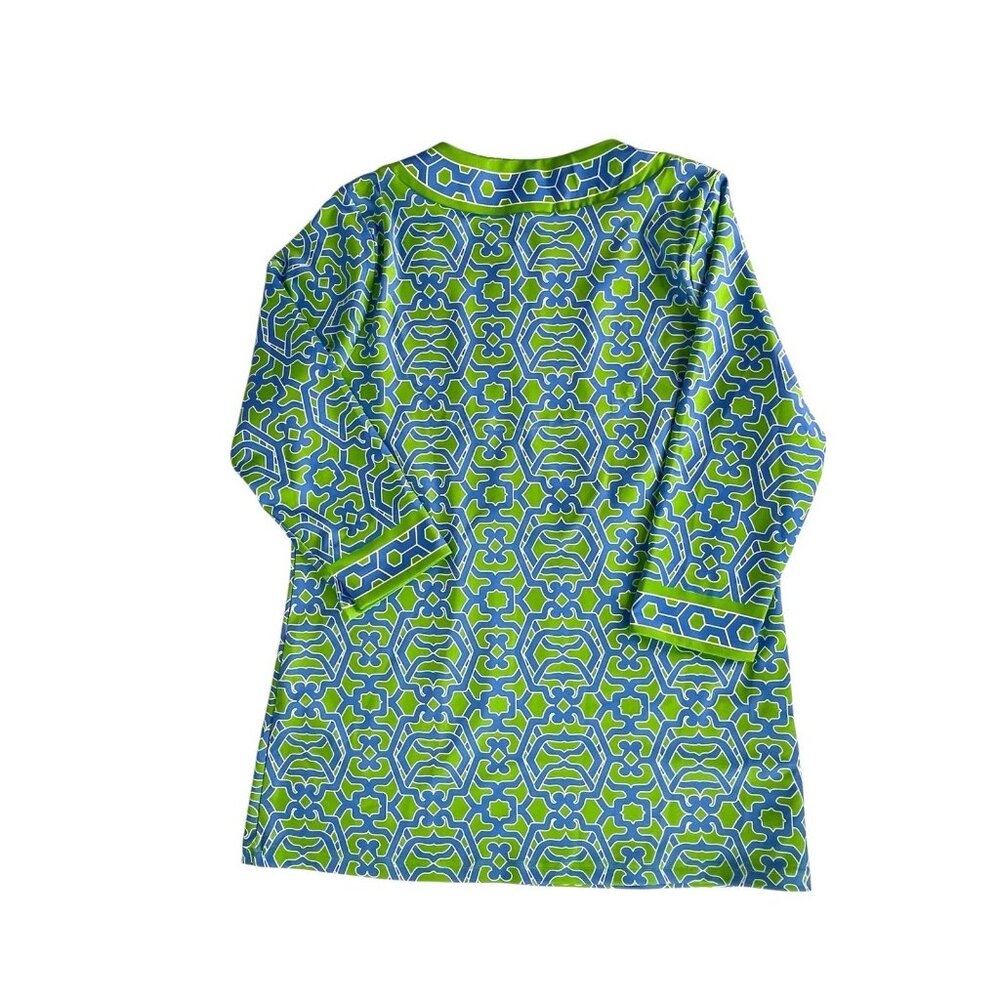 GRETCHEN SCOTT Women's Green Blue Geometric 3/4 Sleeve Jersey Stretch Blouse Med - Picture 4 of 4